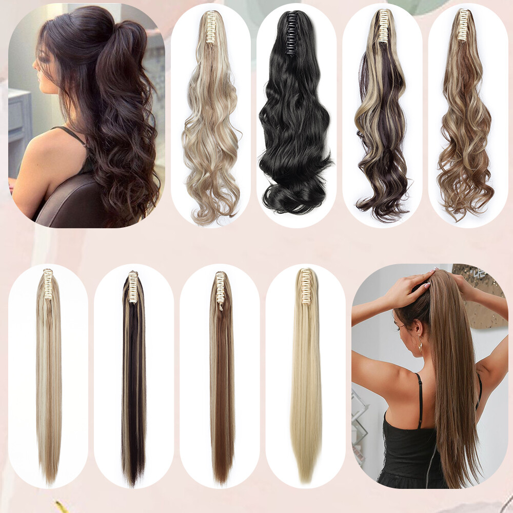 Claw Ponytail Long Curly Pony Tails Clip In Hair Extension Brown Highlight Thick