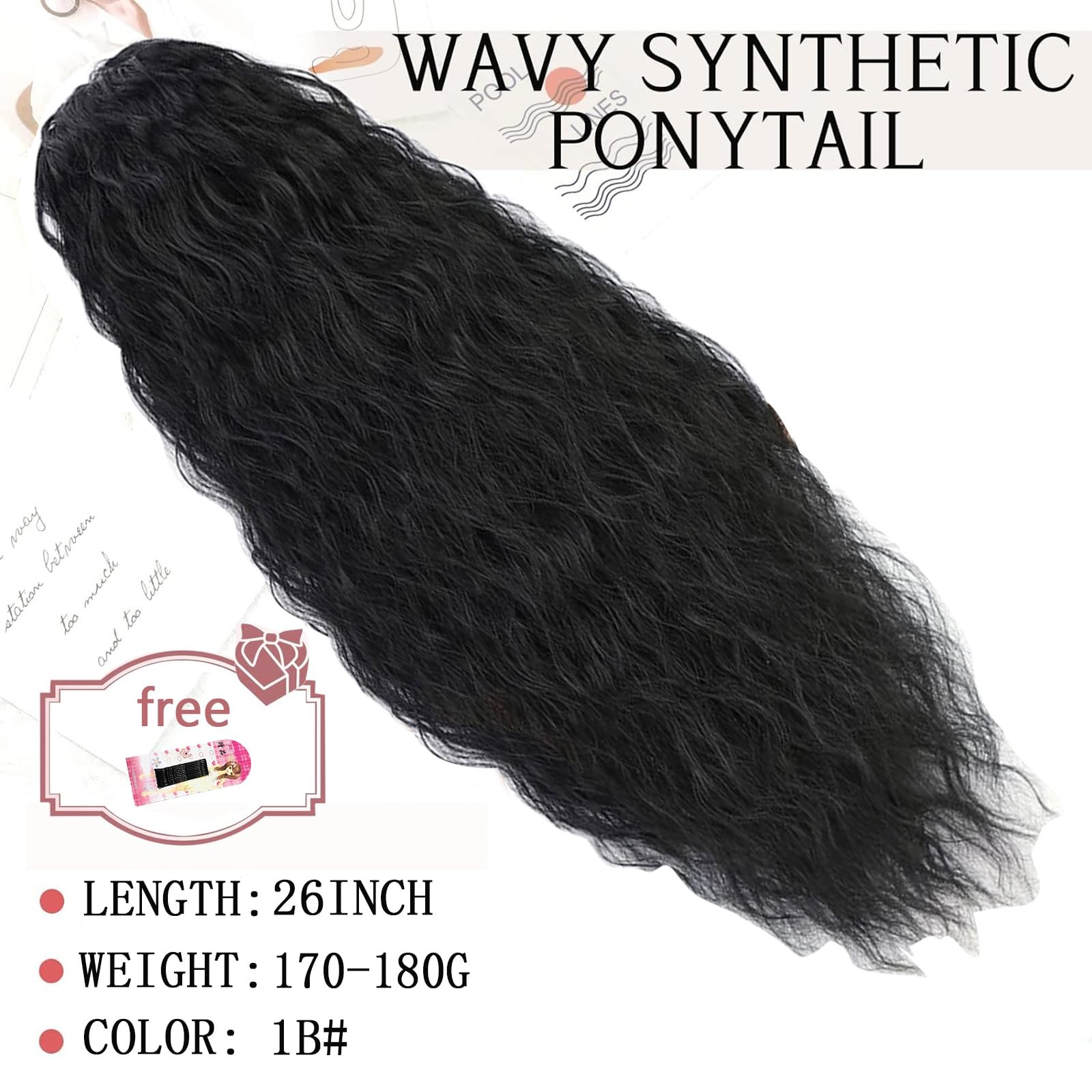 Curly Wavy Ponytail Extension 26 Inch Drawstring Black 1B – Lightweight Natural