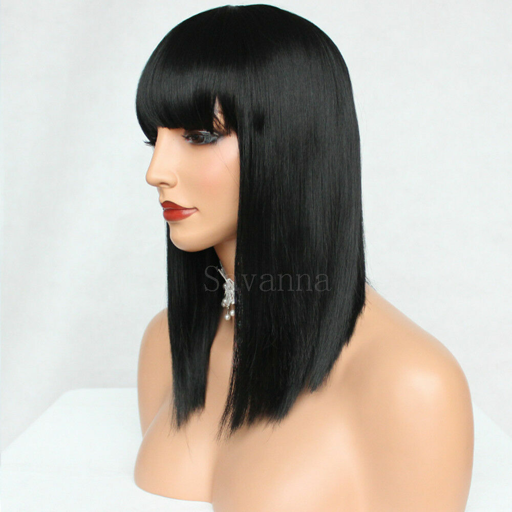 Black Bob Wigs with Bangs Straight Blunt Cut Shoulder Length Short Wig for Women