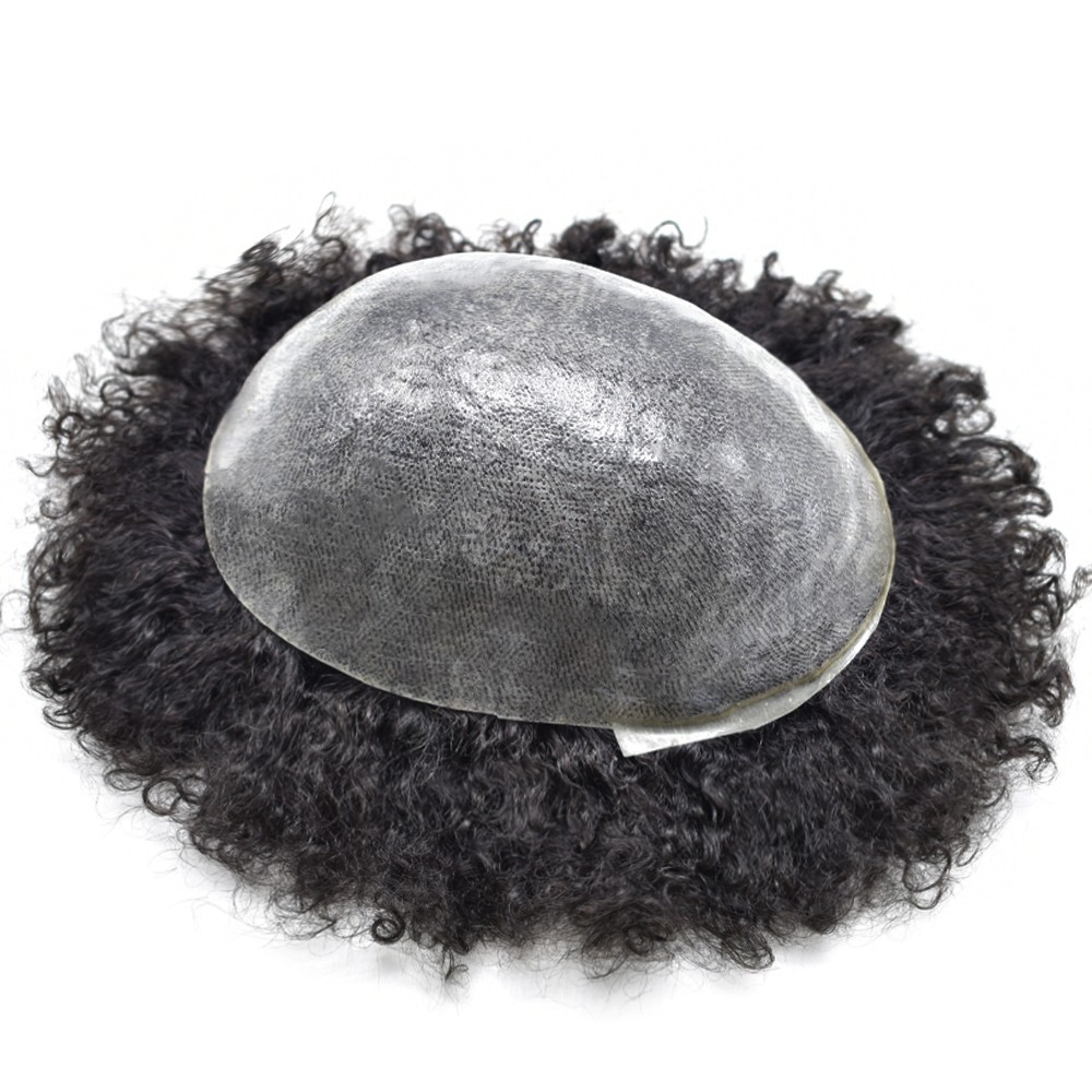 Afro Curl Toupee for Black Men Full PU Human Hair System Kinky Curly Hair Units