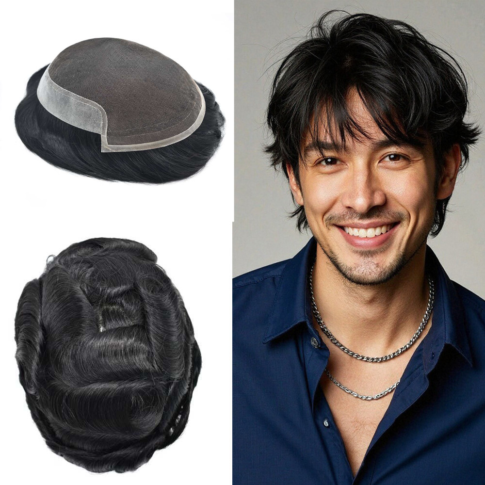 Swiss Lace Front Mens Toupee Poly Skin Hairpieces Human Hair Replacement System