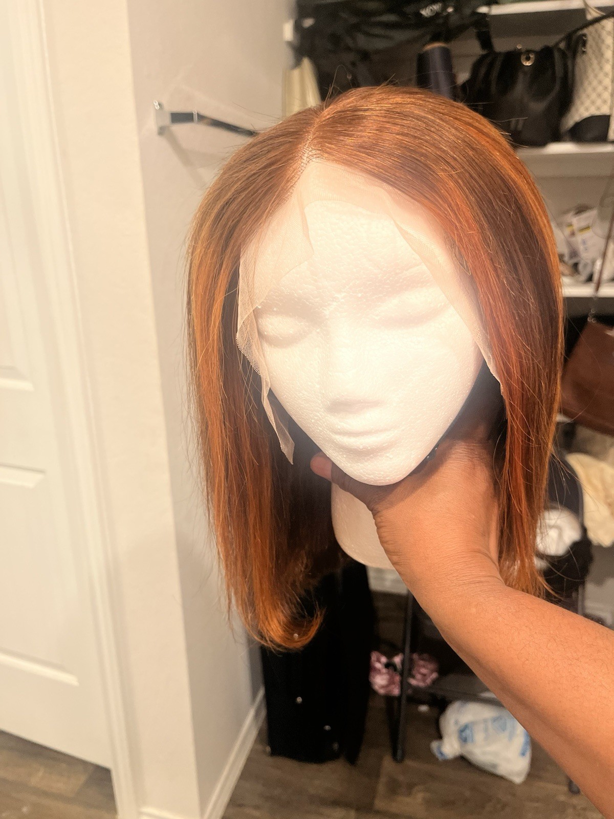 Lace Front Straight Bob Wig for Women Medium Brown & Honey Blonde Highlights