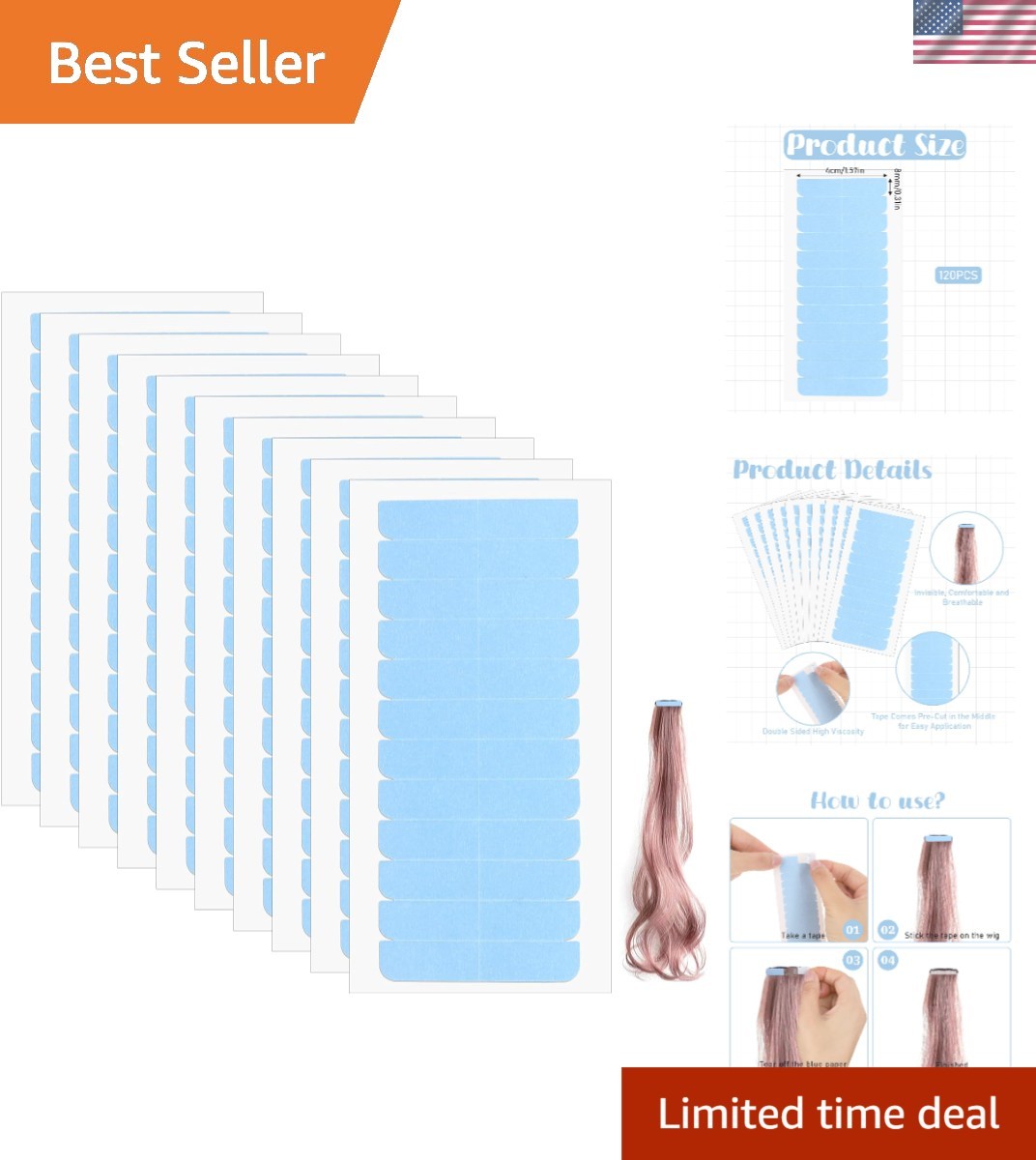 120pcs Double-Sided Waterproof Hair Extension Tape – Strong & Hypoallergenic