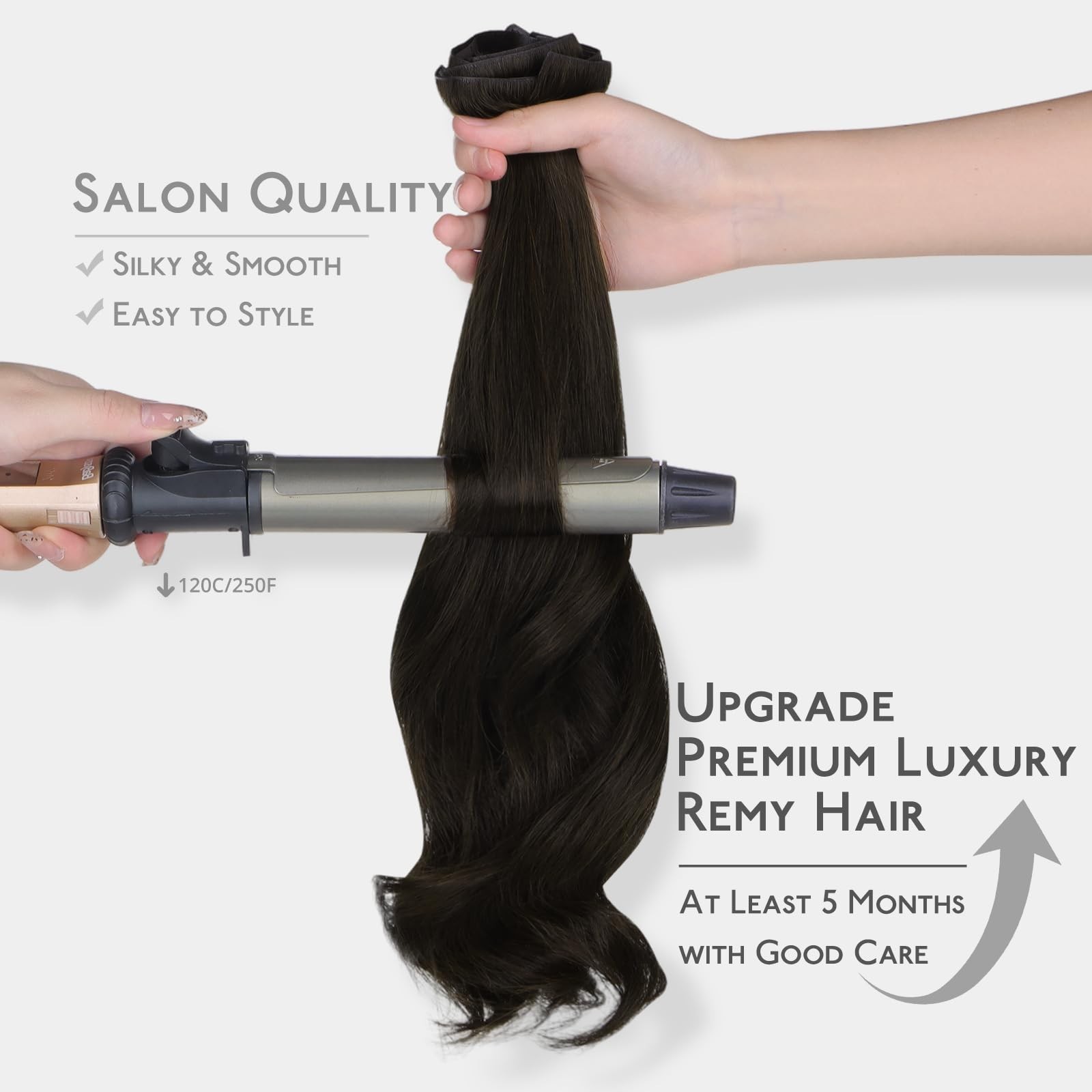 20″ 150g Dark Brown Clip-In Hair Extensions, Real Human Hair, Seamless PU Weft,