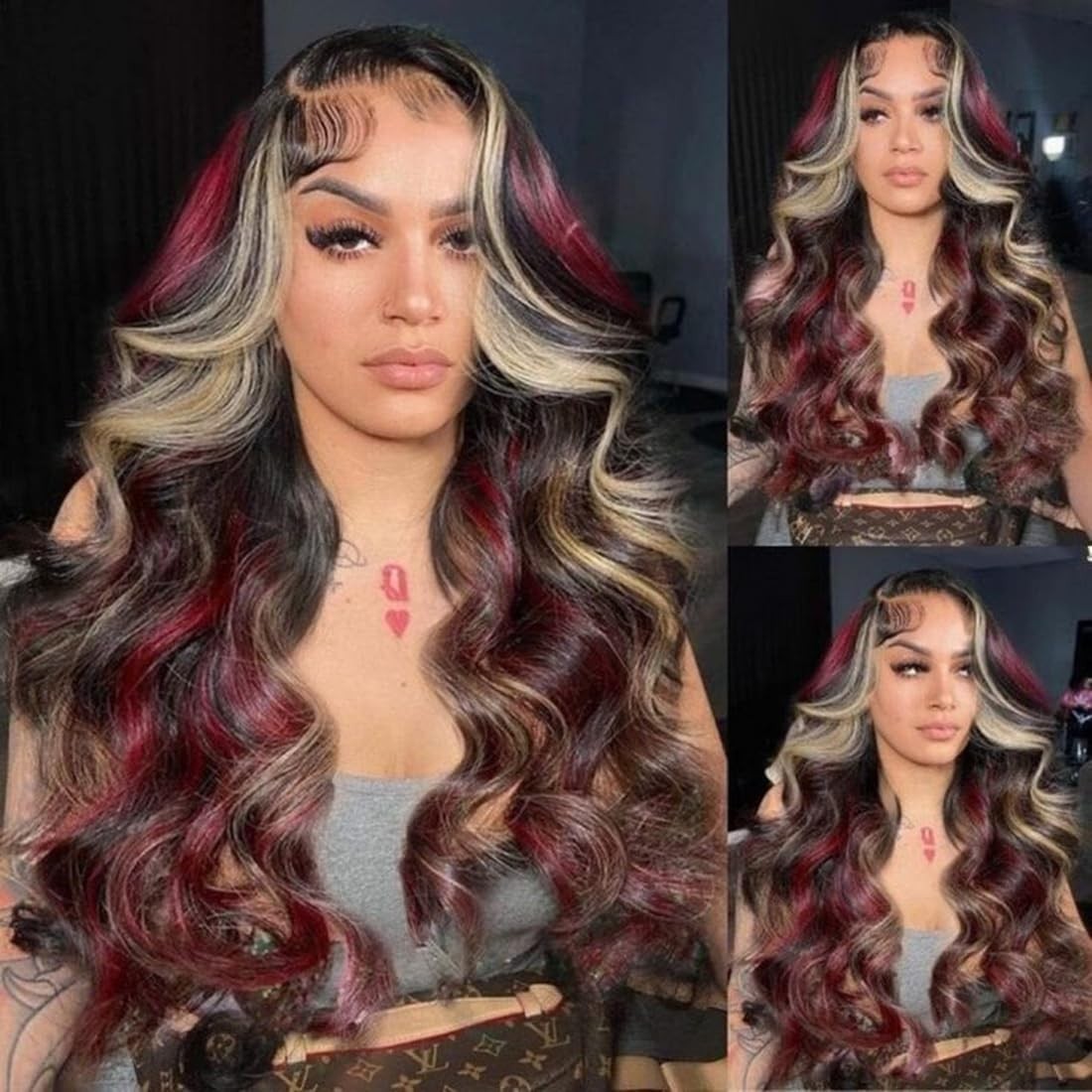 32″ Ombre Body Wave Lace Front Wig – 180 Density Human Hair, Black Red Blonde Hi