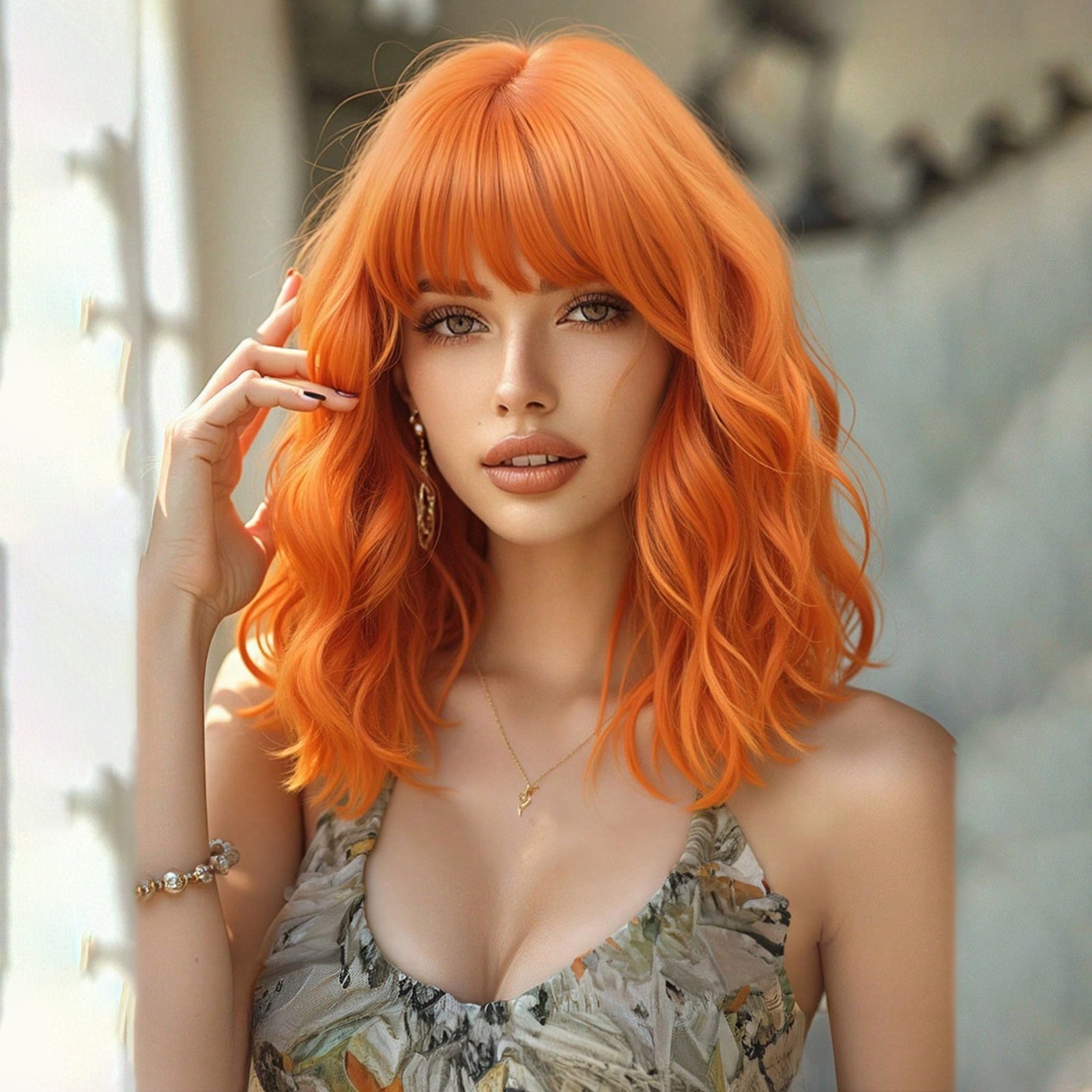 Women Short Water Wave Curly Wig Full Bangs Heat Resistant Synthetic Natural