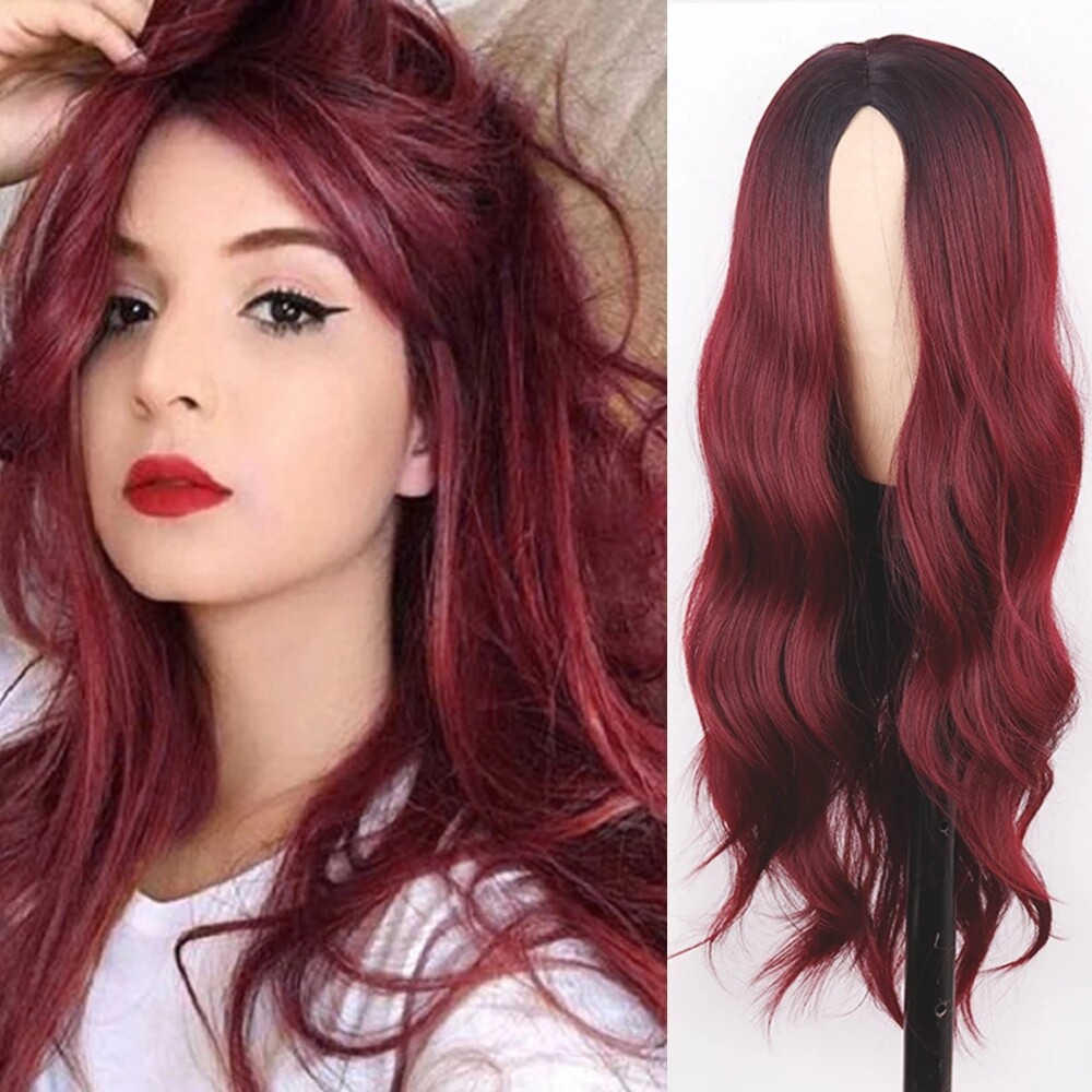 Long Ombre Black root Burg Wavy Synthetic Hair Wig Cos Glueless Wig Heat Safe