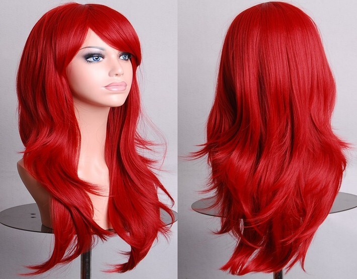 27.5in Red Fashion Full Curly Wigs Cosplay Costume Anime Party Hair Wavy Long