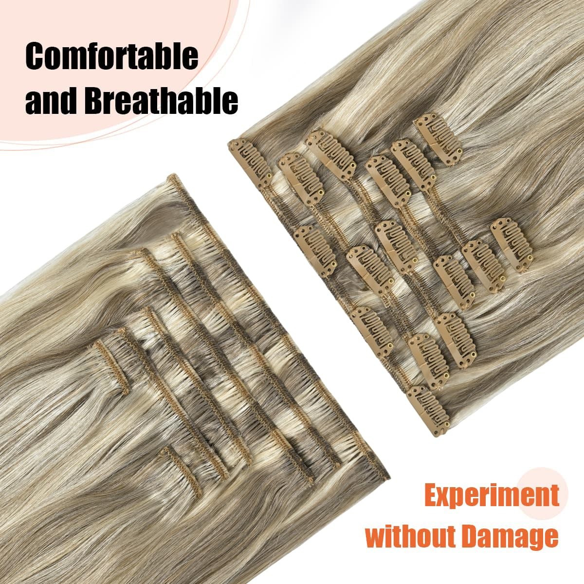 Clip in Hair Extensions Real Human Hair – 20 inch 70g Ash Blonde Mixed Bleach…