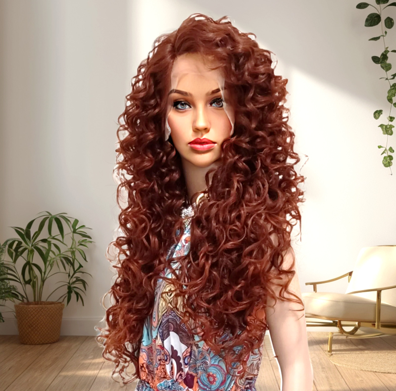 34″ LACE FRONT WIG LONG CURLY LAYERED RED AUBURN #T33.130 HEAT OK