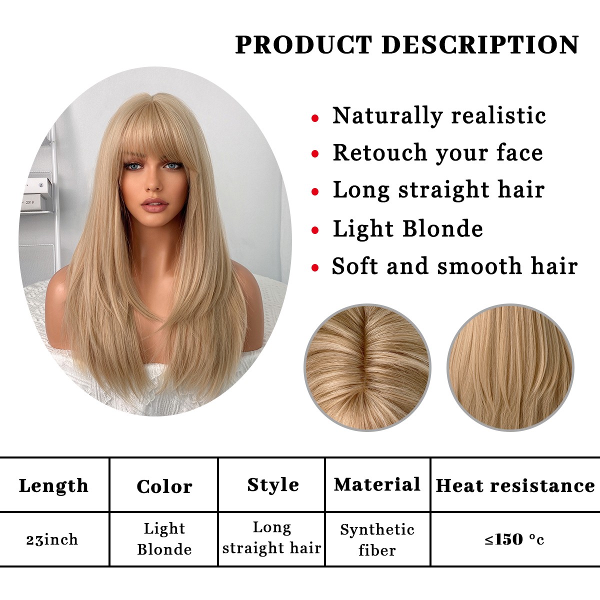 Ash Blonde Heat Resistant Hair Long Straight Dress Up Wig With Bangs