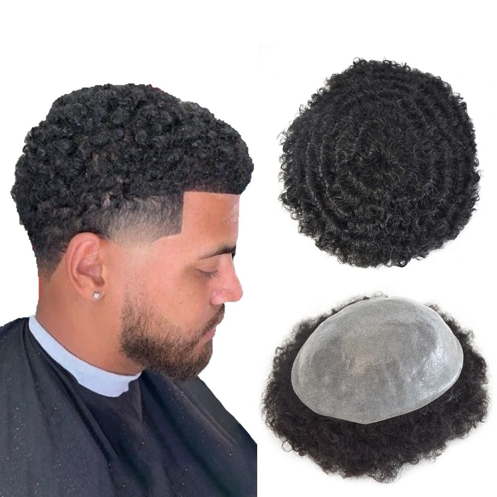 Hair Units for Black Men Thin Skin Afro Curly African American Toupee Hairpieces