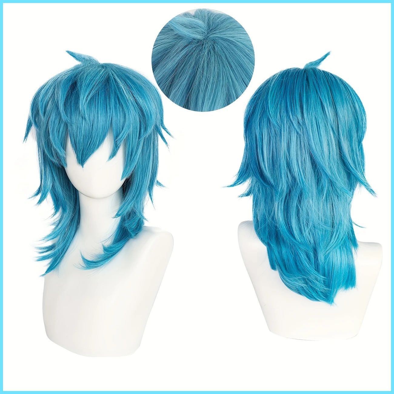 Light blue anime character cosplay wig with layered, broken and upturned hair…