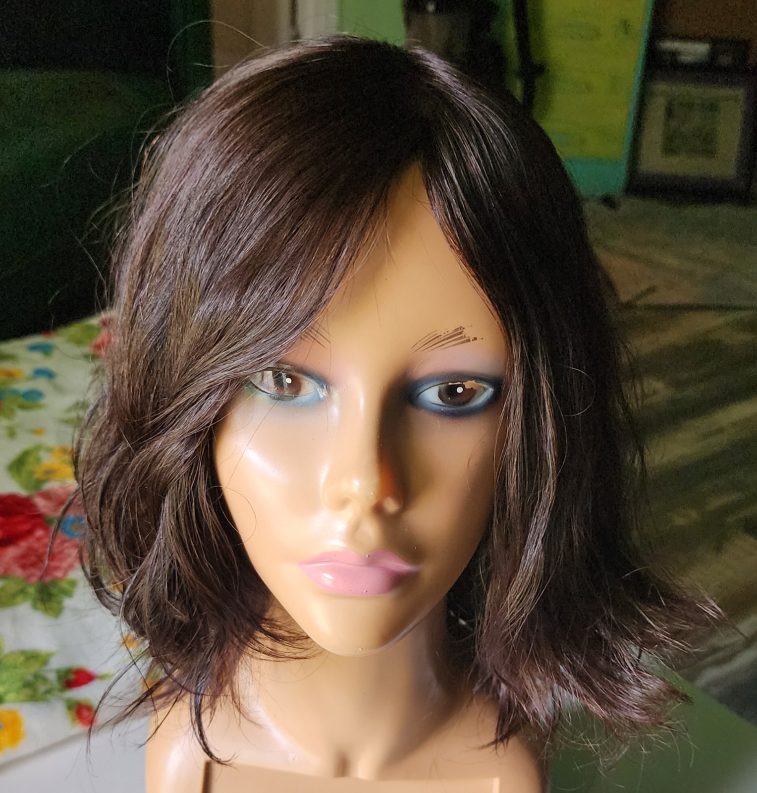 Dark Brown Wavy Layered Human Hair Wig 16 inches Medium Cap, Mono Part