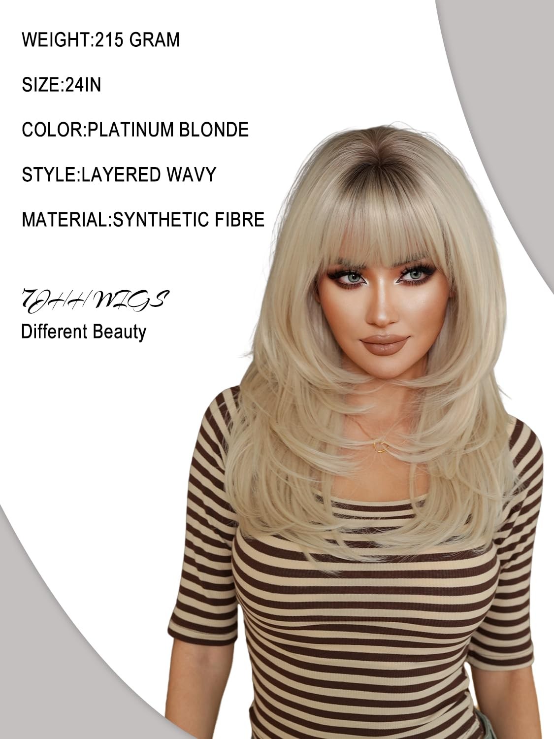 24 Inch Platinum Blonde Layered Tail Bangs Wig with Dark Roots White Blonde M…