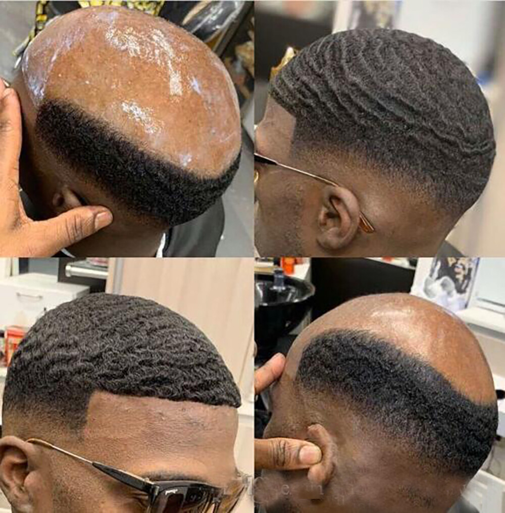 custom 10×10 inches 360 Wave Man Toupee Hair 10MM Curly Unit African Black Mens