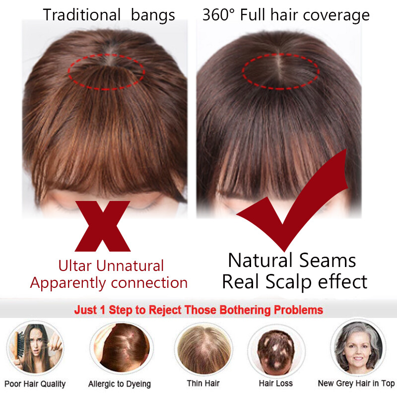 Top Silk Base 100% Remy Human Hair Topper Toupee Top Hairpiece Clip In Bangs Wig