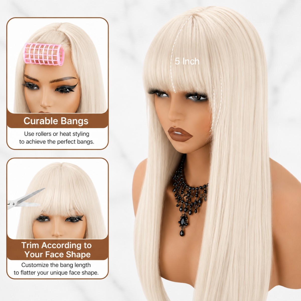 Platinum blonde Long Straight Costume Wig With Bangs Heat Resistant Hair