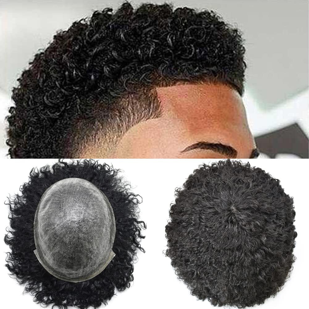Afro Toupee For Black Men Skin Pu African American Hair System Replacement(9X11)
