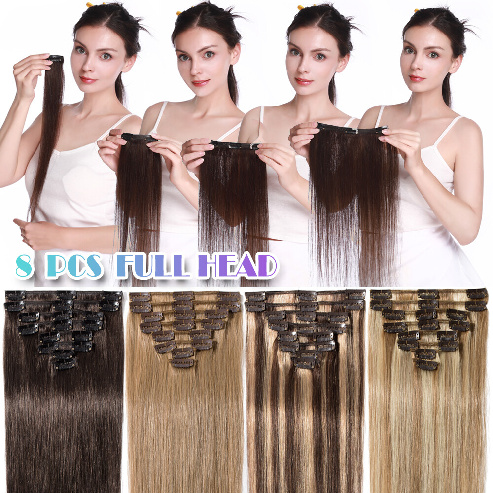 CLEARANCE 100% Human Hair Extensions Clip in Real Remy Hair 8Pcs Full Head Soft