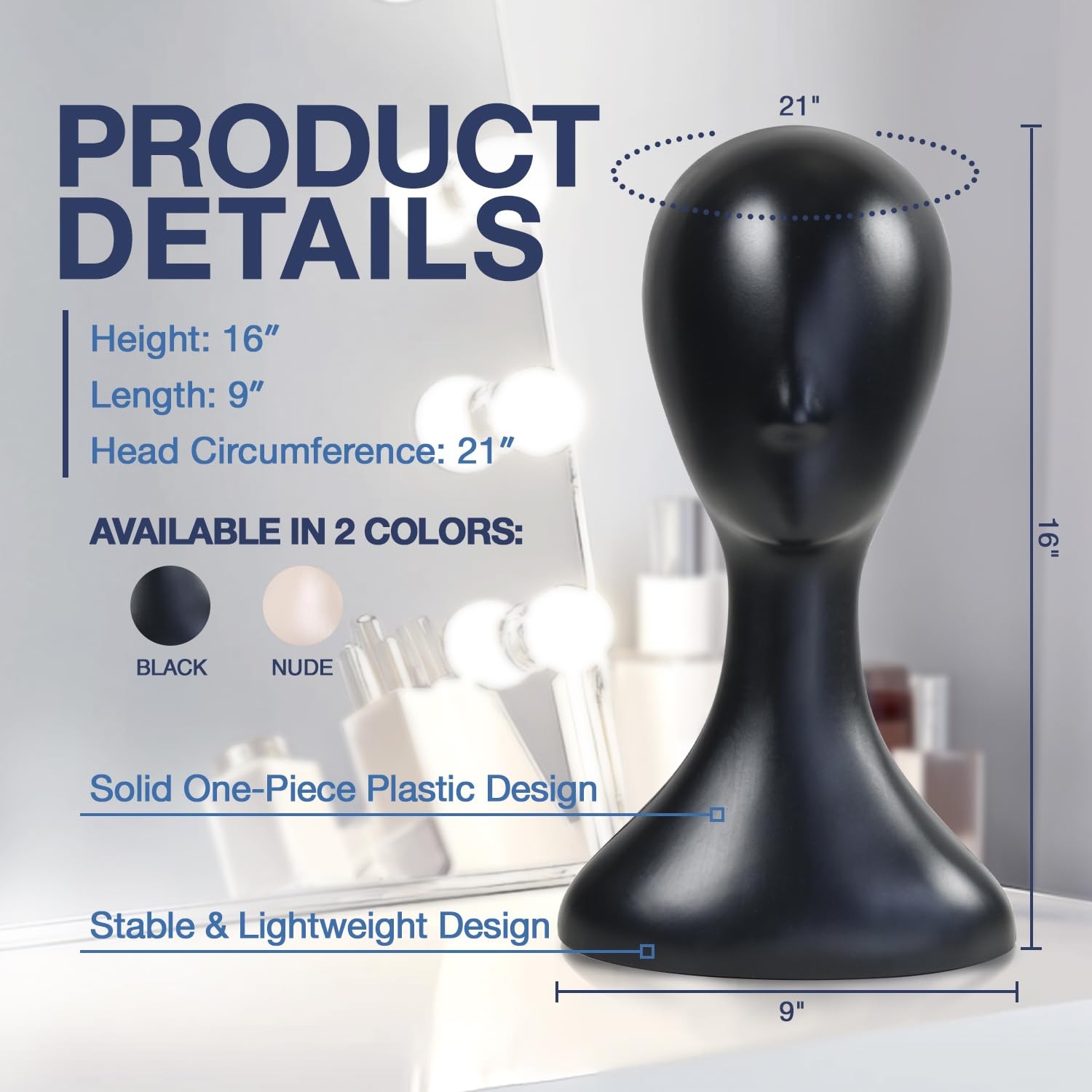 16 Inch Studio Limited Professional Plastic Mannequin Head 1 Pack, Black