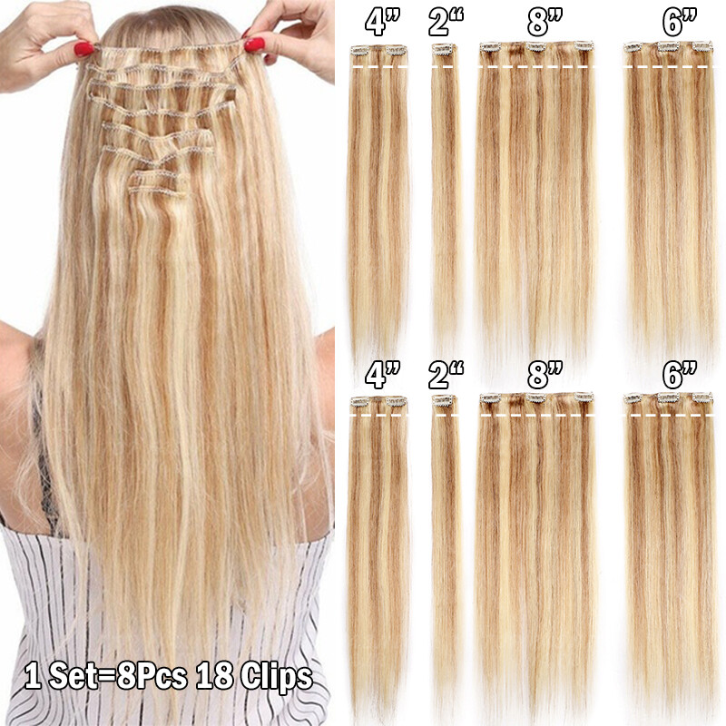 Clip in Remy Human Hair 100% Hair Extensions 8PCS Full Head Remi Weft 16″-24″