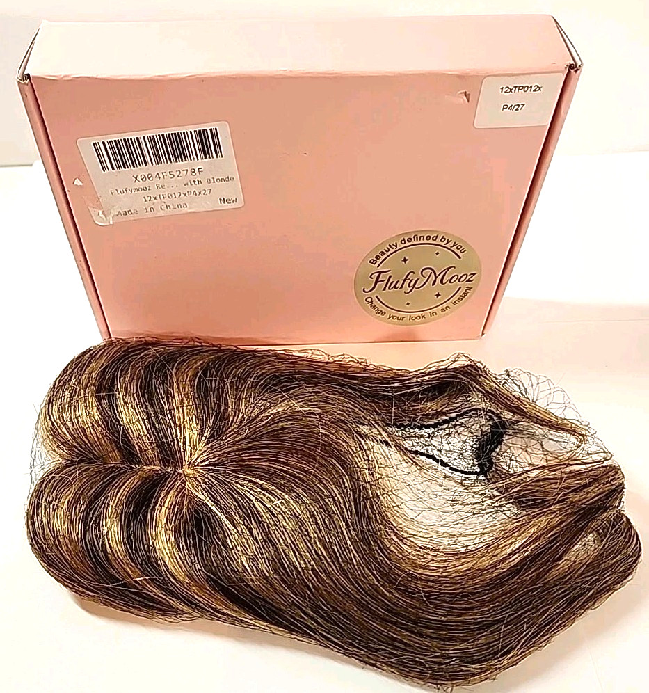 Flufymooz Human Hair Topper Wiglet w/ Bangs 10″ Clip In Med Brown & Blonde Mixed