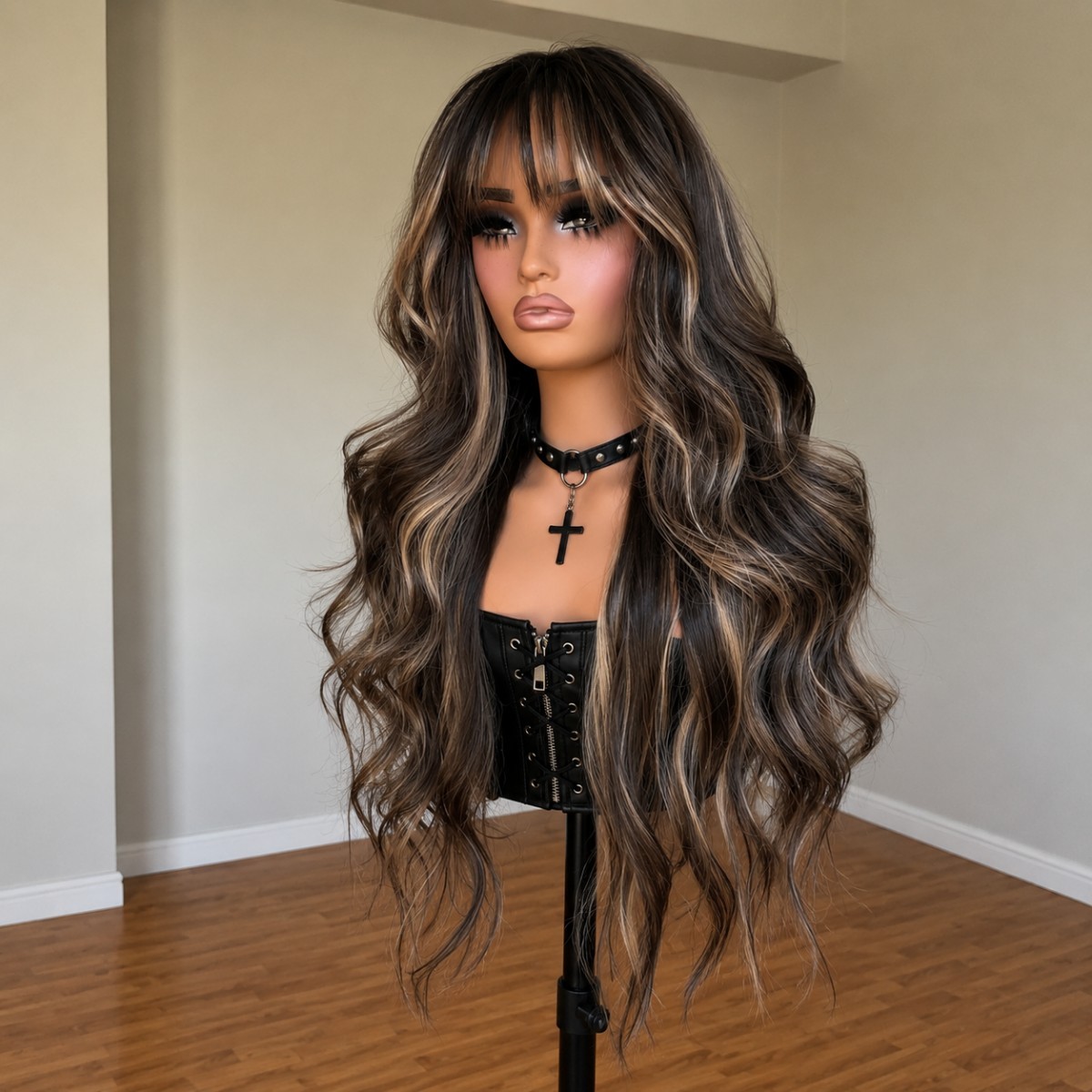 Synthetic Hair Mixed Brown blonde Cosplay Wig With Bangs Long Wavy