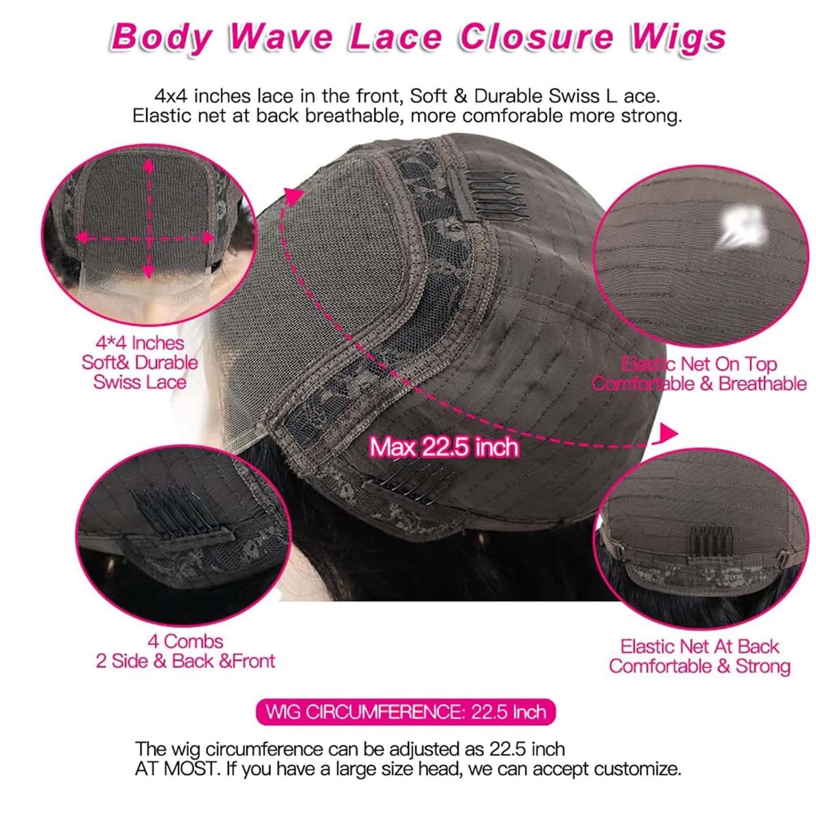 20 Inch Body Wave Glueless Wigs Human Hair 4×4 Lace Closure Wigs 200 Density …