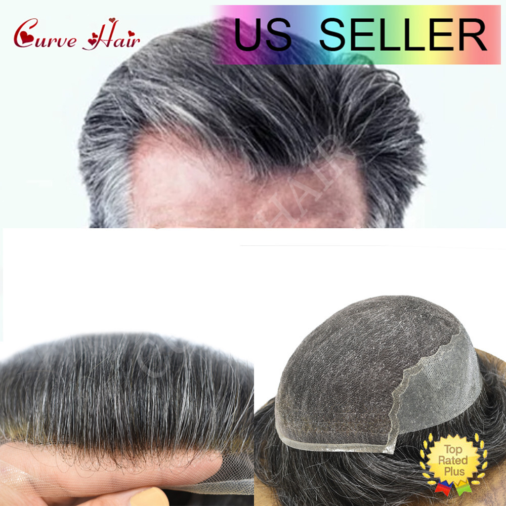 Men Real Hair System French Lace Front Bleached Knots Mens Toupee Grey Hairpiece