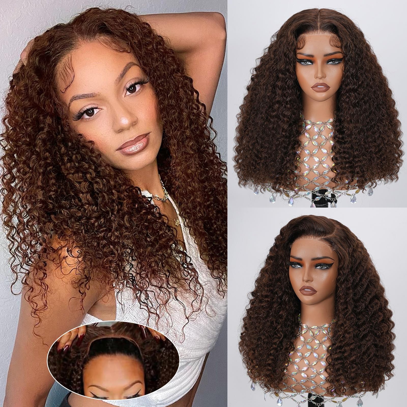 22in Chocolate Brown Deep Wave Glueless Human Hair Wig – 5×5 HD Lace Closure, 20