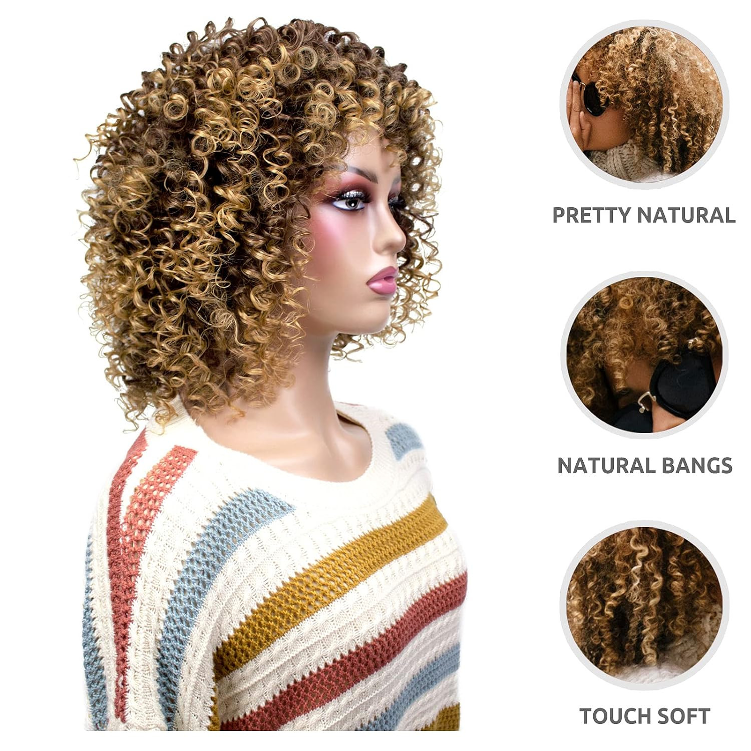 Afro Curly Wigs for Black Women Short Shoulder Length Kinky Wig with Bangs Brown