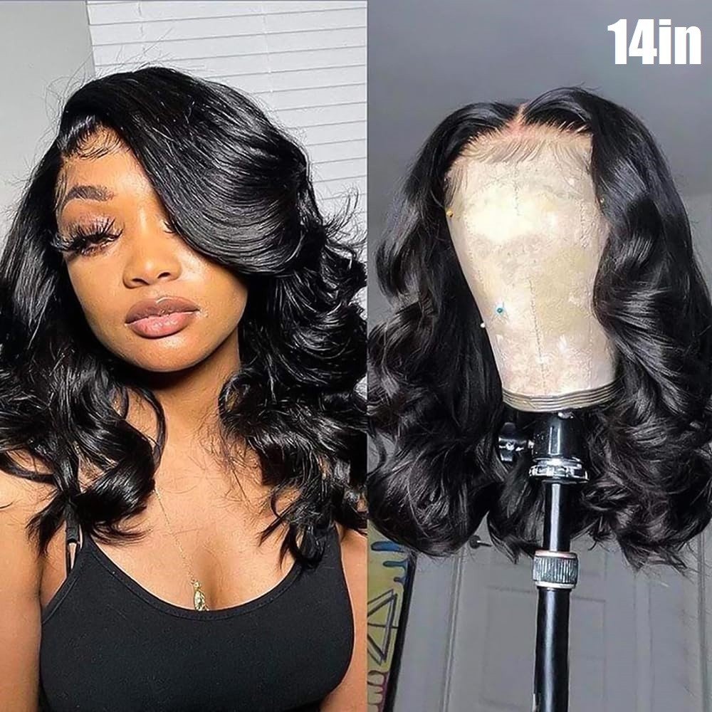14″ Brazilian Bob Wigs Human Hair Natural Black Wave Lace Front Glueless Wigs