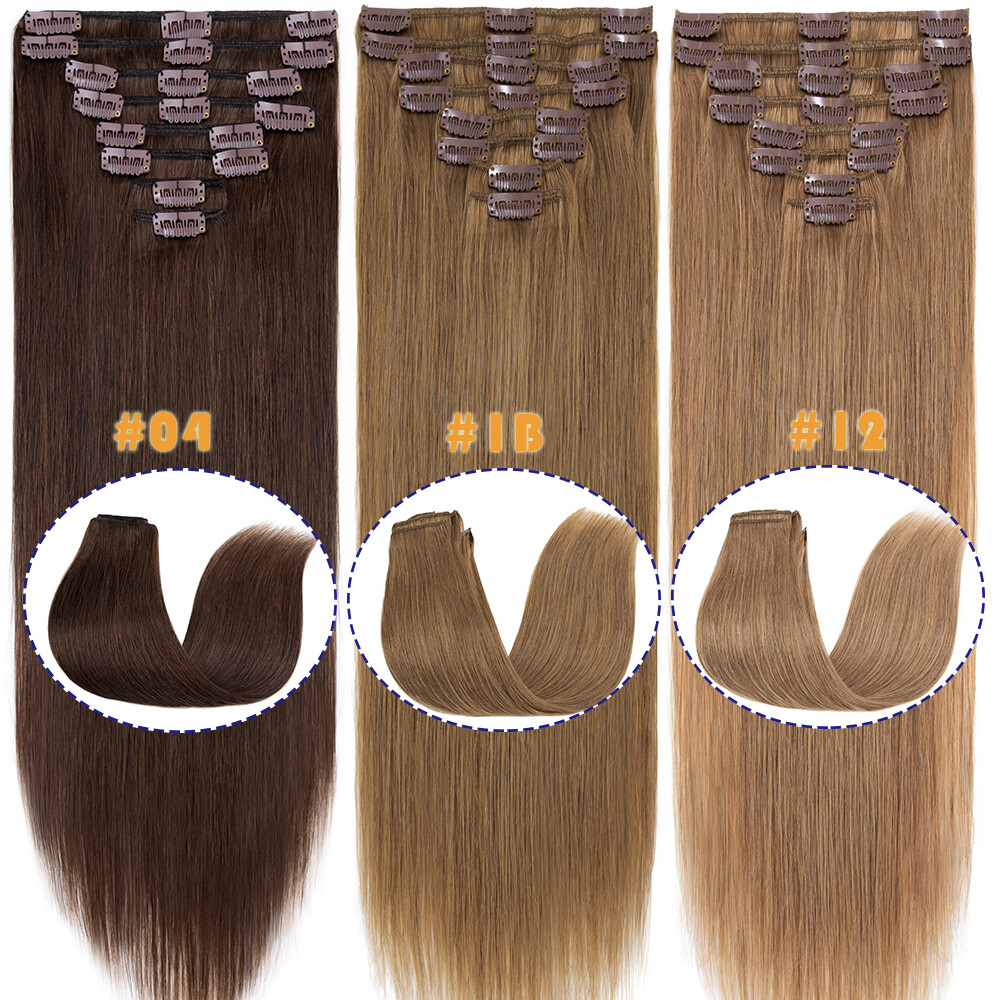 100% Soft Clip In Remy Real Human Hair Extensions Full Head 8PS Weft Black Brown