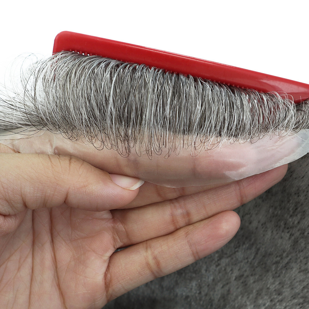 Toupee For Men Human Super Thin Skin V Looped Men Hairpiece Wig Black Grey #565