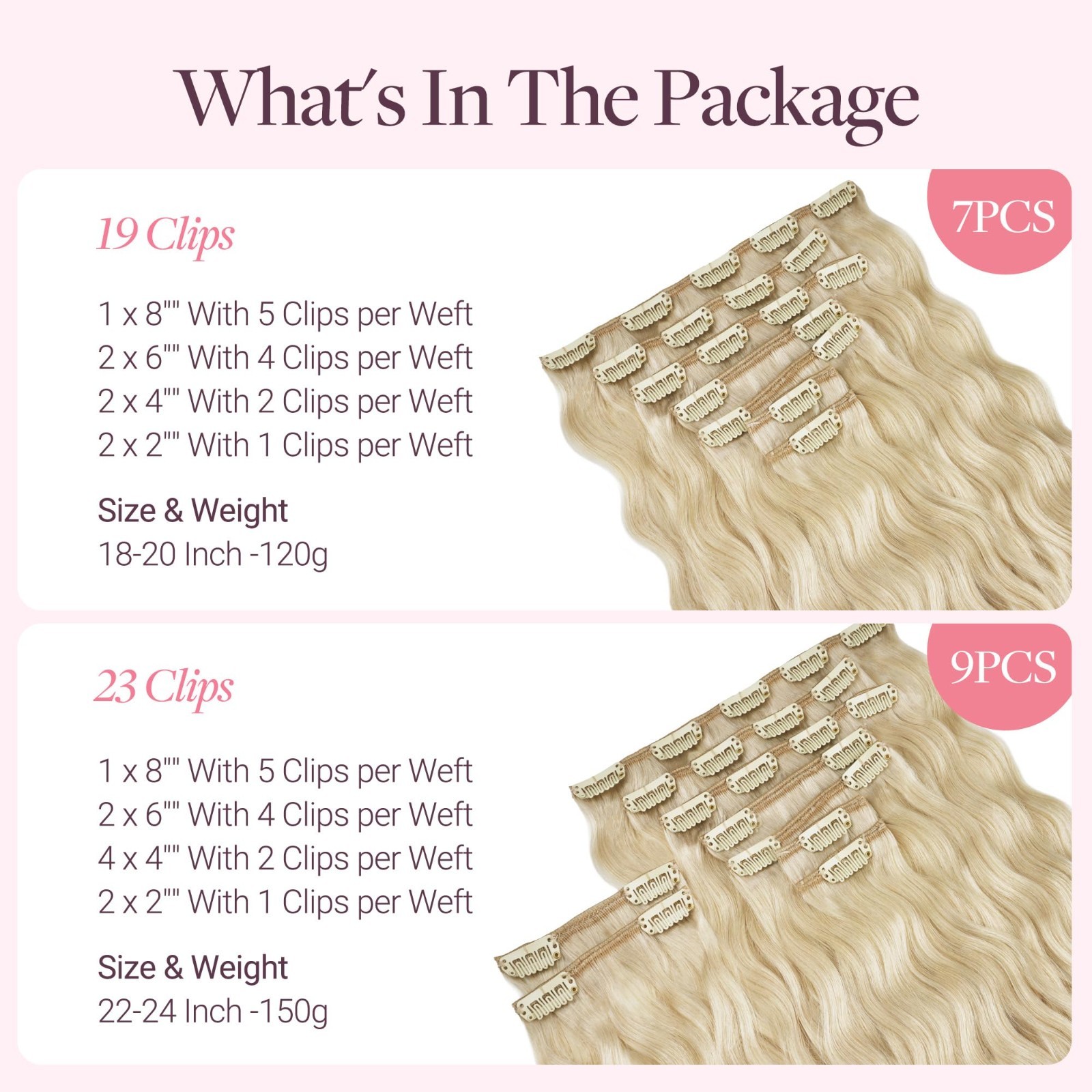 24″ Curly Clip-In Hair Extensions, Real Human Hair, 150g, 9Pcs, Platinum Blonde