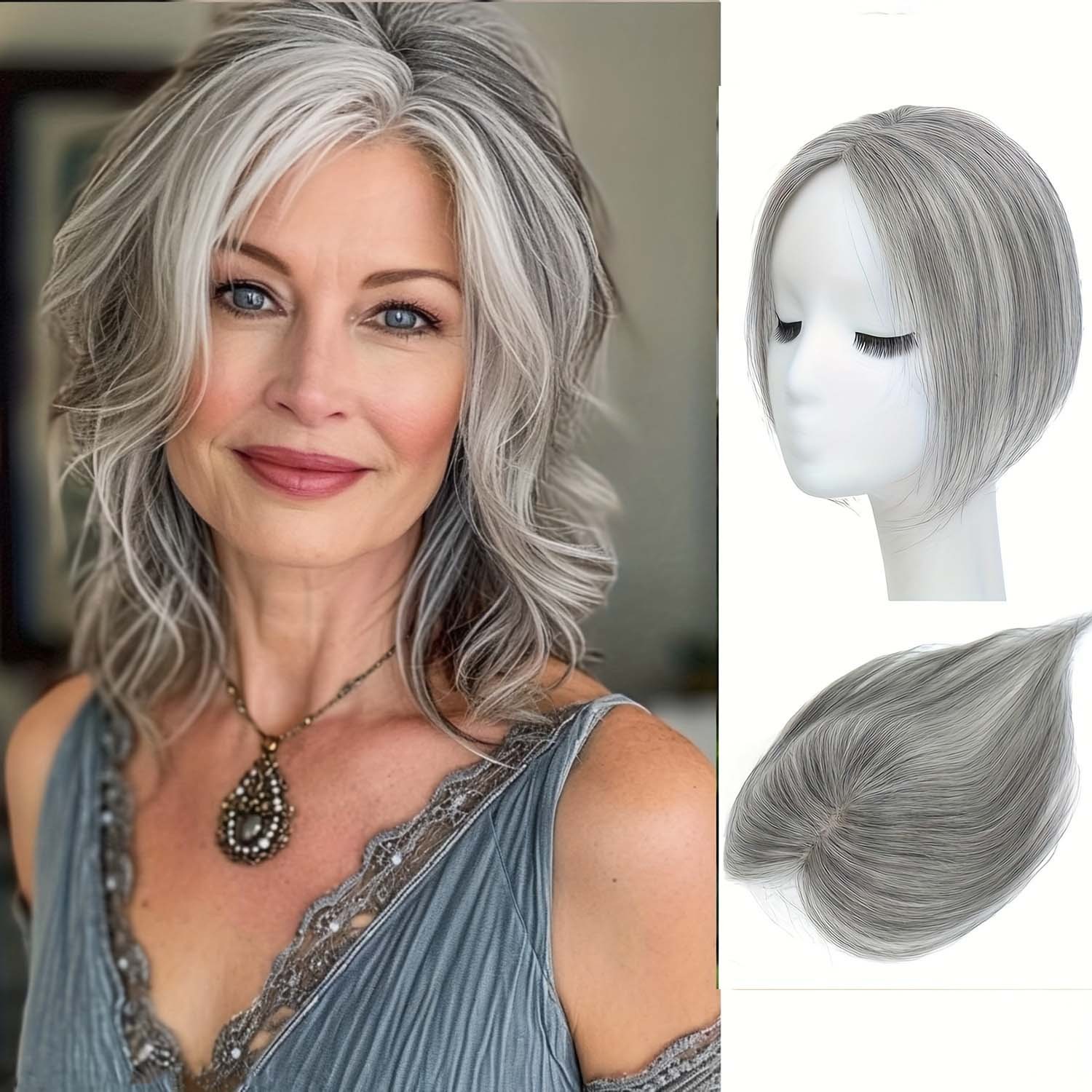Premium Breathable Human Hair Topper with Bangs for Thinning & Gray Hair Needs