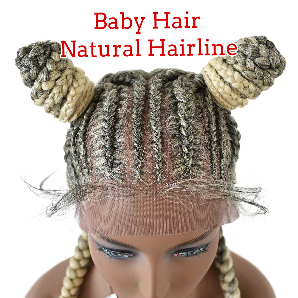 Swiss Lace Front Cornrow Box Braided Women Wigs Baby Hair 2 Updo Buns Ponytails