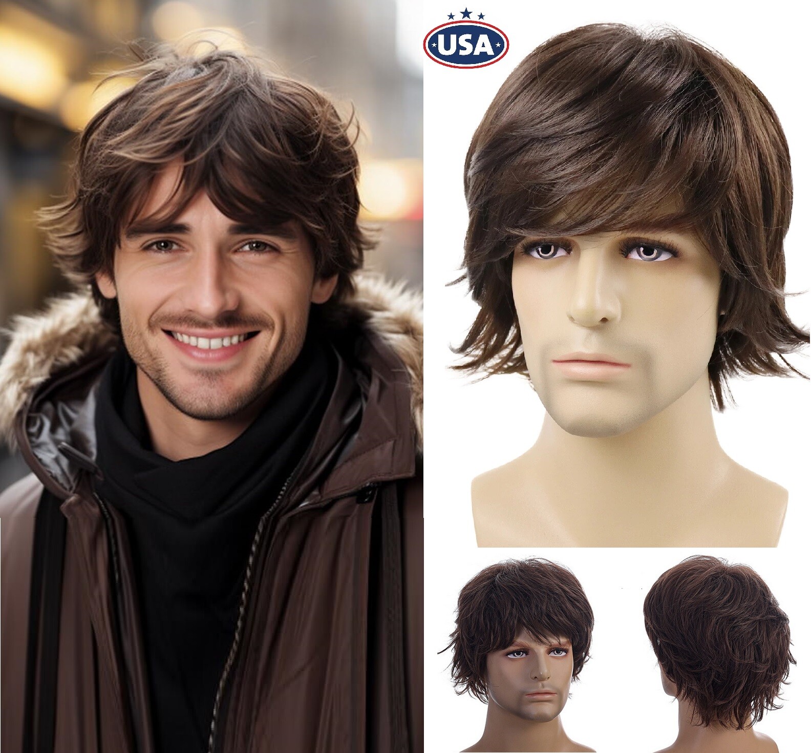 Men Short Brown Wig Natural Fluffy Synthetic Hair Wig Heat Resistant for Cosplay