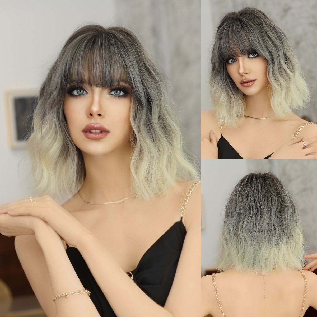 Short Curly Wig White Balayage Ombre with Bangs Japanese Korean Style Natural