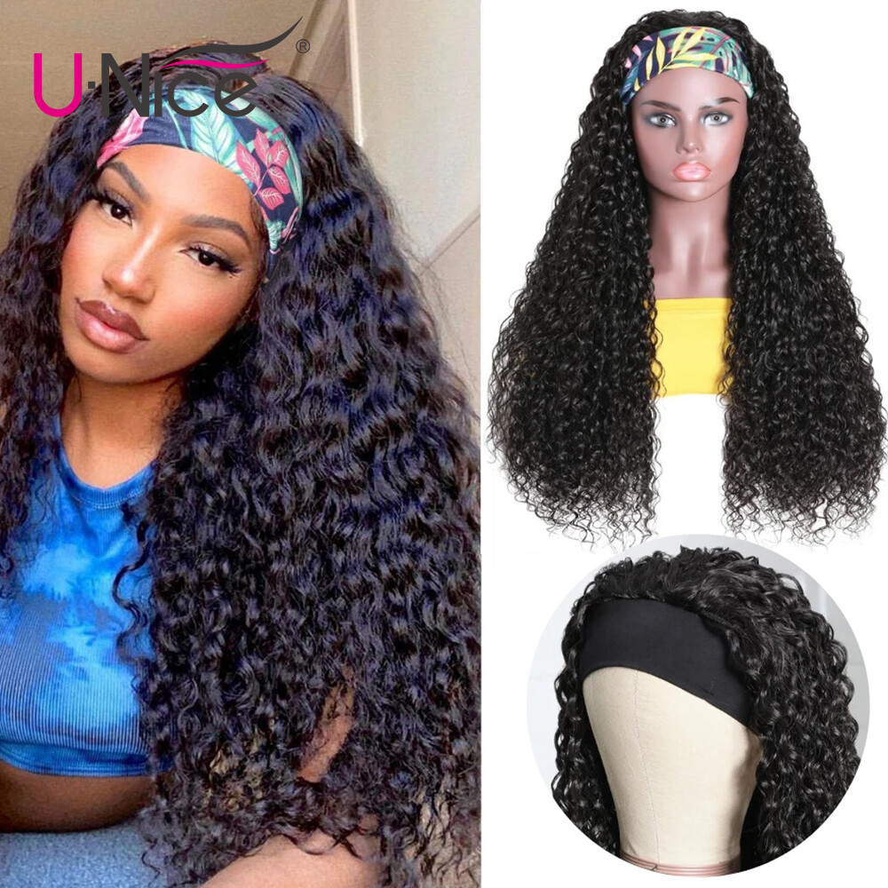 UNice Malaysian Headband Curly Human Hair Wigs 20″ Glueless Easy to Wear and Go
