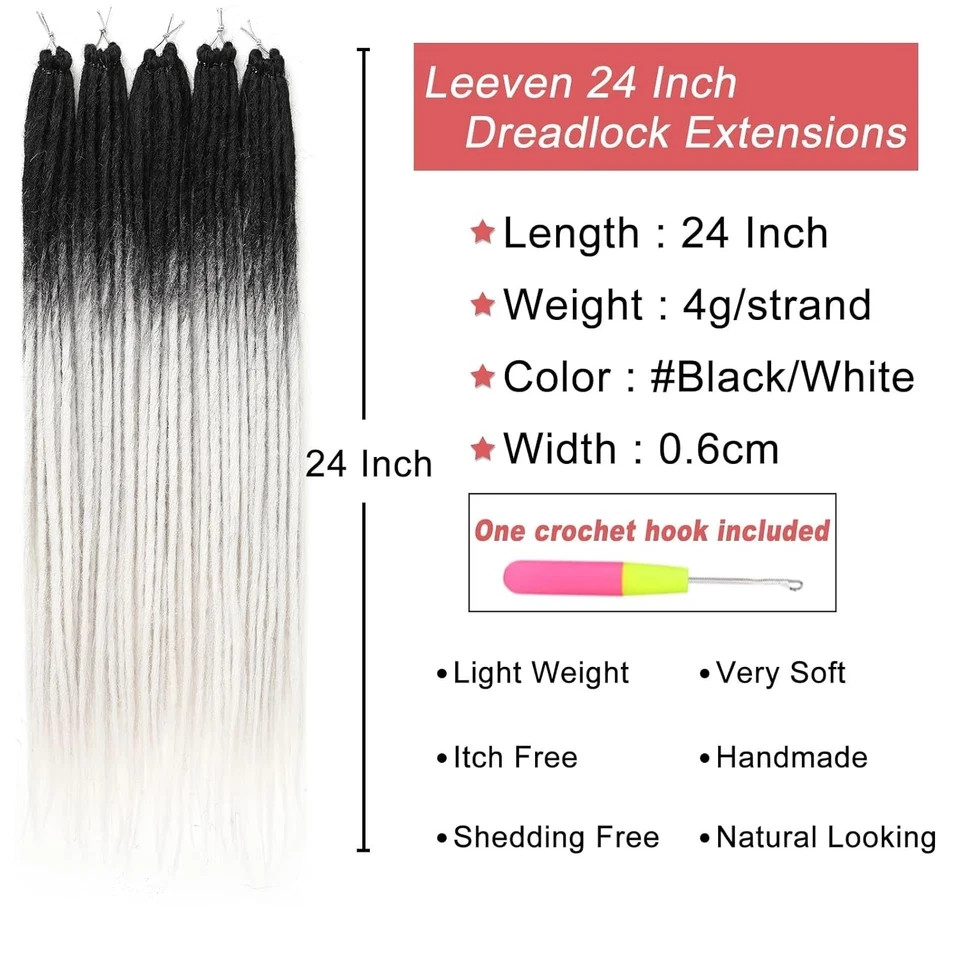 20 Strands Synthetic Dreadlock Extensions 24 Inch Black to White Single Ended…