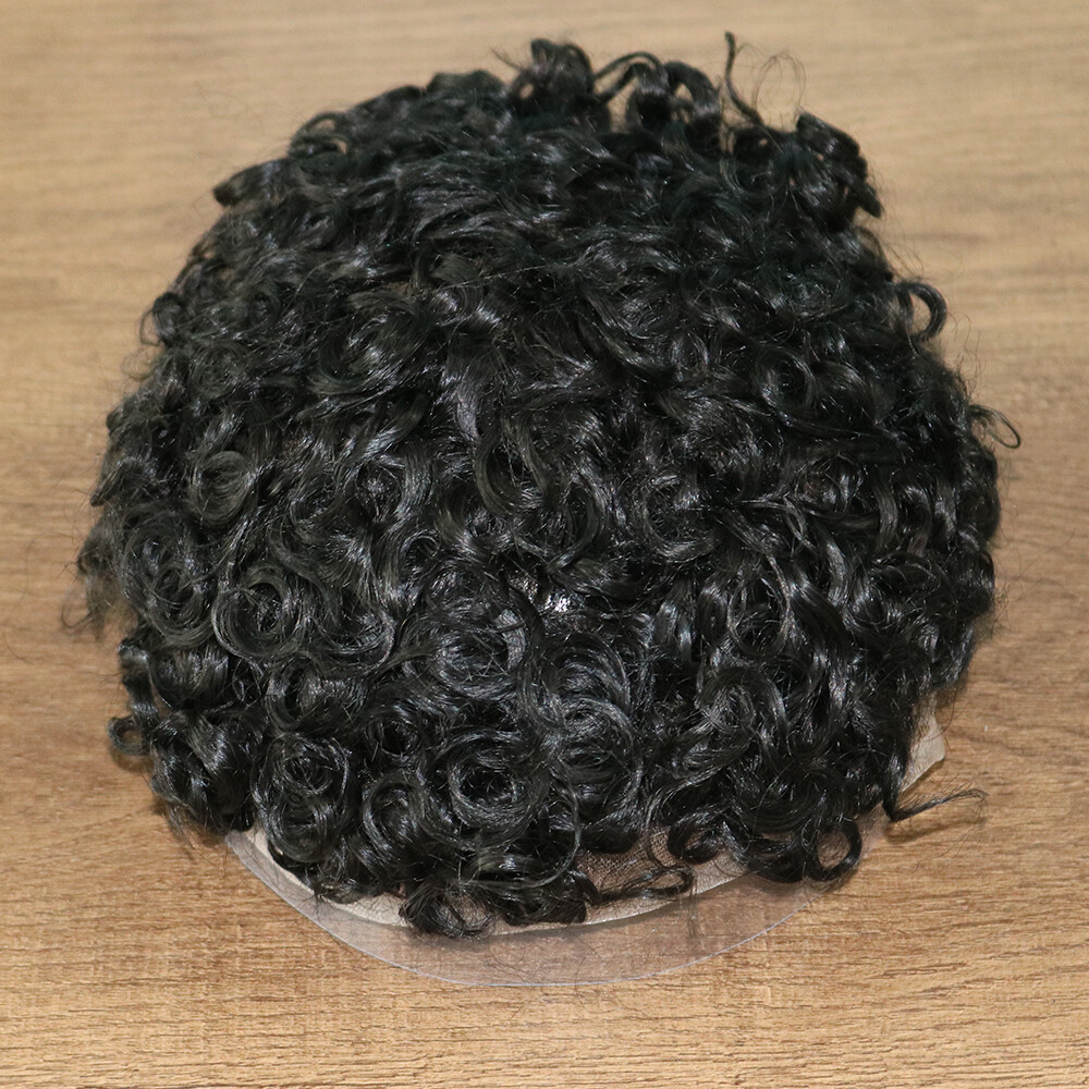 Afro 18mm Curly Men Toupee Durable Skin Full Poly PU Base Human Hair System Wig