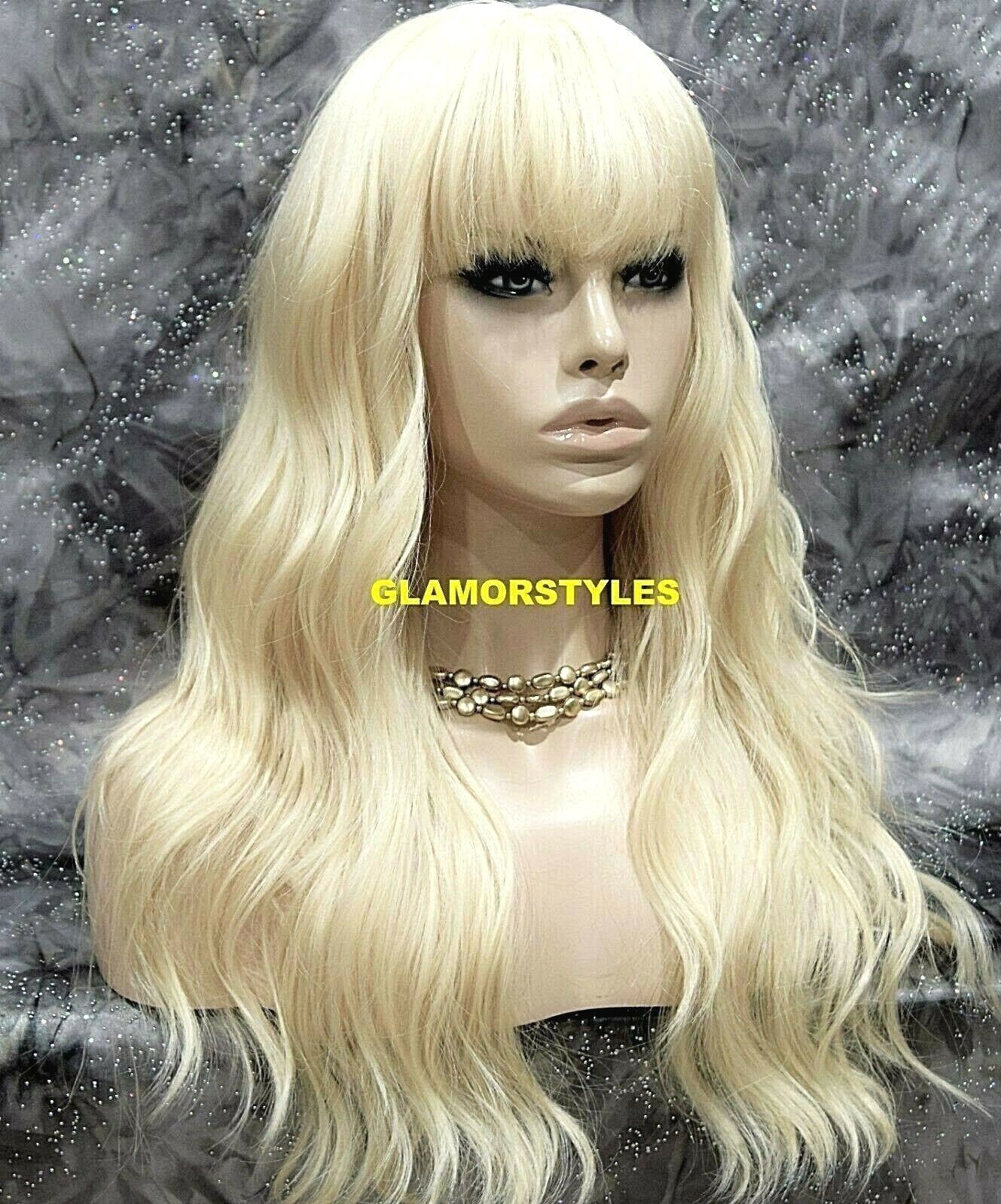FULL WIG LONG LAYERED WAVY WITH BANGS BLEACH BLONDE #613 HEAT OK NWT