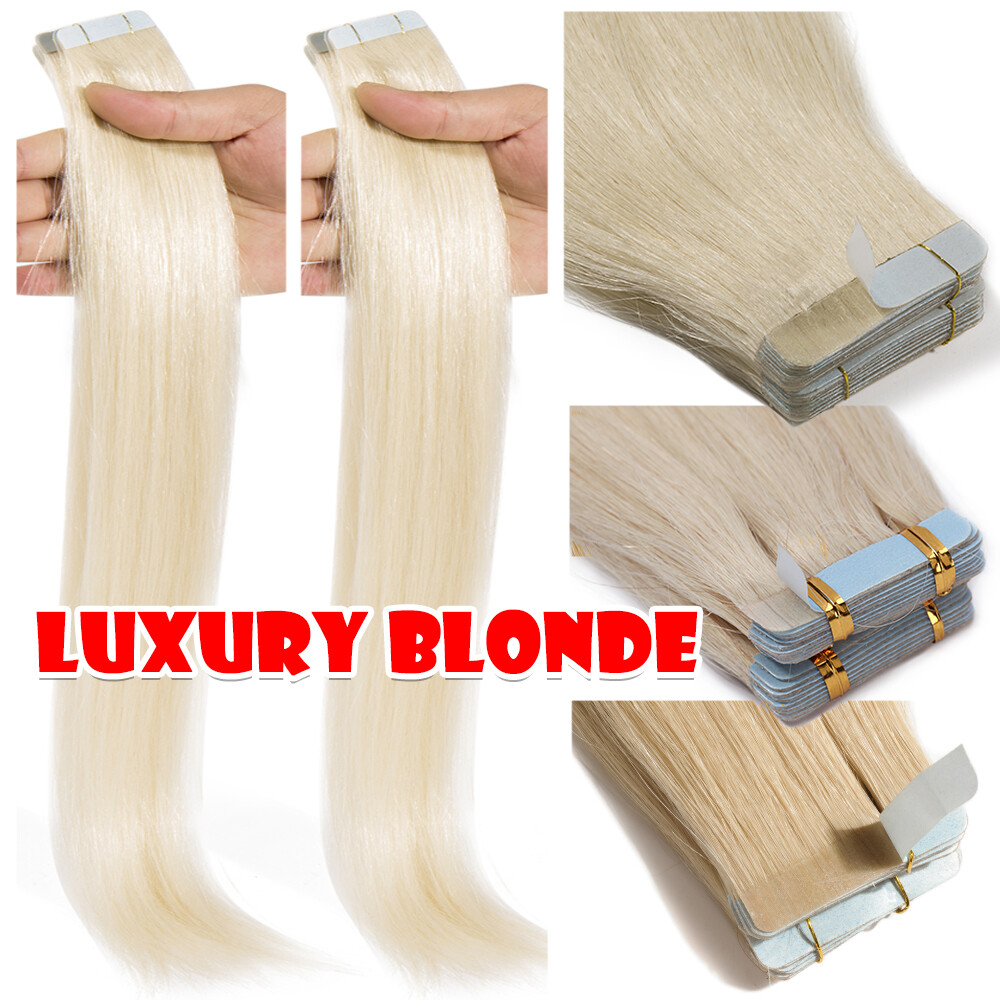 10-80PCS Invisible Tape In Skin Weft Remy Human Hair Extensions Full Head White#