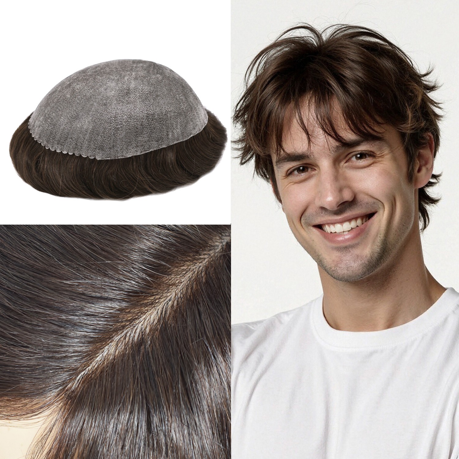 Men Human Hair Piece Replacement Systems Thin Skin Full Poly Toupee Hair Units