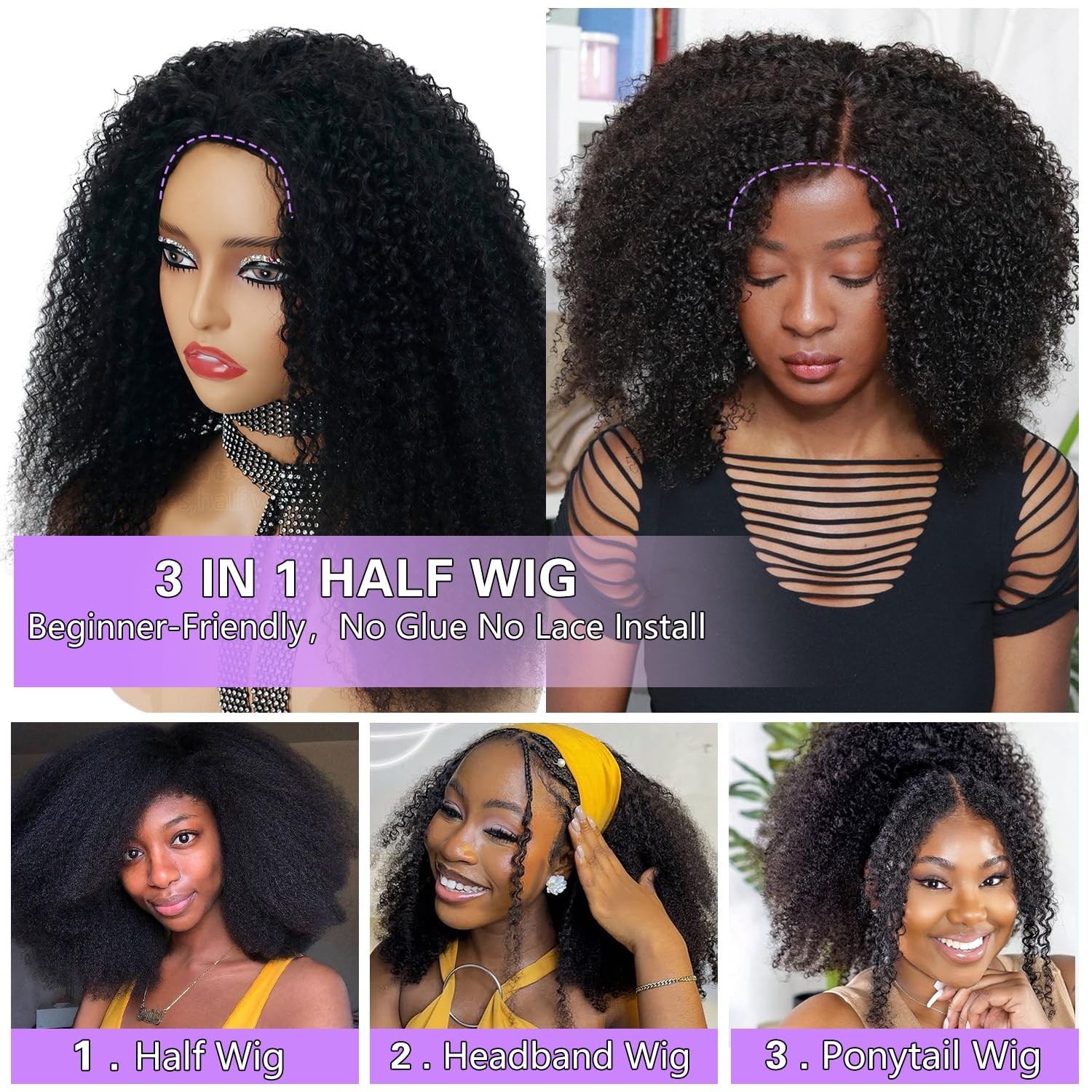 Canaryfly Afro Kinky Curly Human Hair Half Wigs For Black Wome 200 Density 3 In