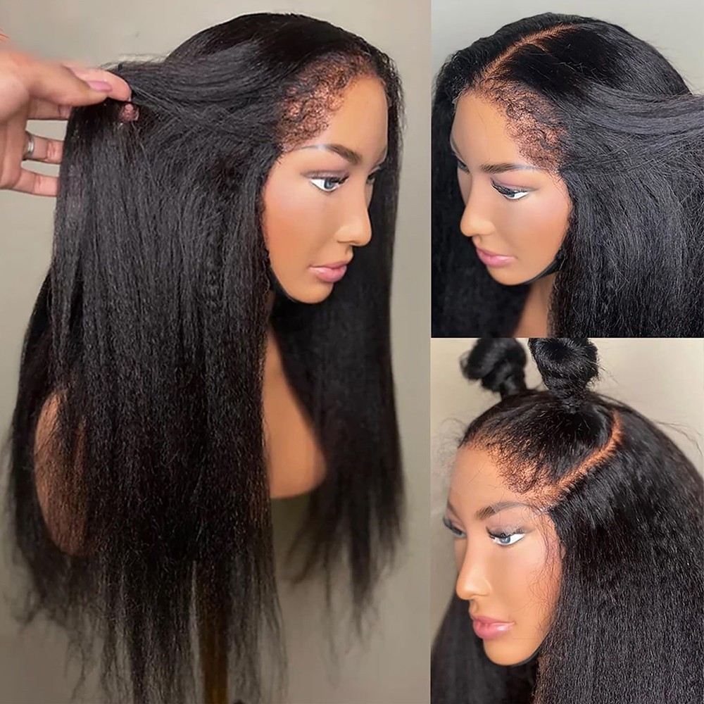 Kinky Straight Natural Long Black Hair Lace Front Wigs Heat Resistant Glueless