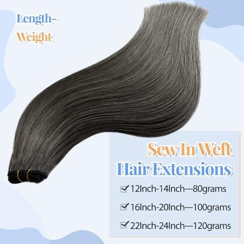 Weft Hair Extensions 18 Inch Straight Real Remy Human Hair Salt and Pepper Sew