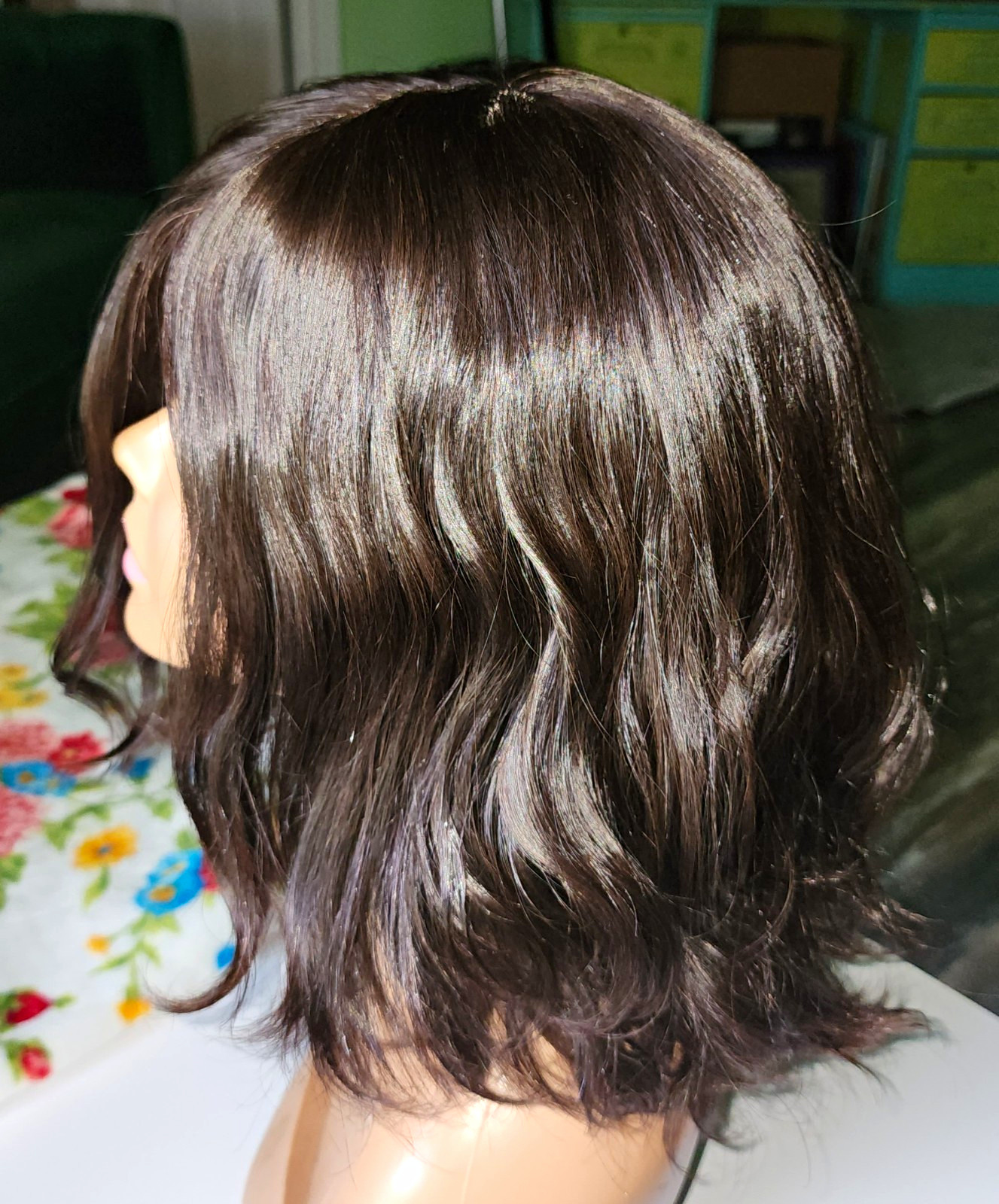 Dark Brown Wavy Layered Human Hair Wig 16 inches Medium Cap, Mono Part